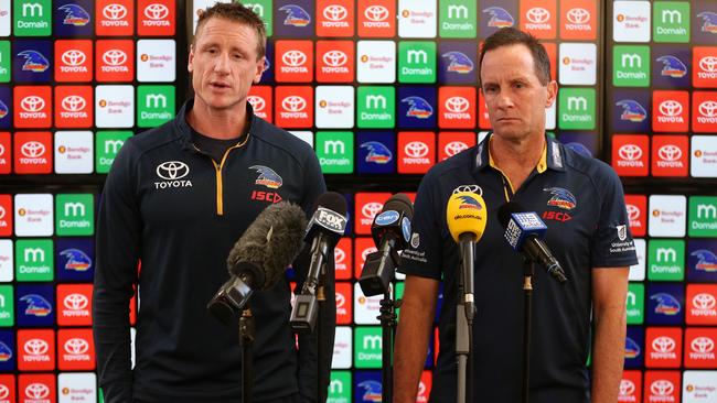 Former Adelaide Crows head of football Brett Burton and senior coach Don Pyke addressing the media. Picture: Calum Robertson