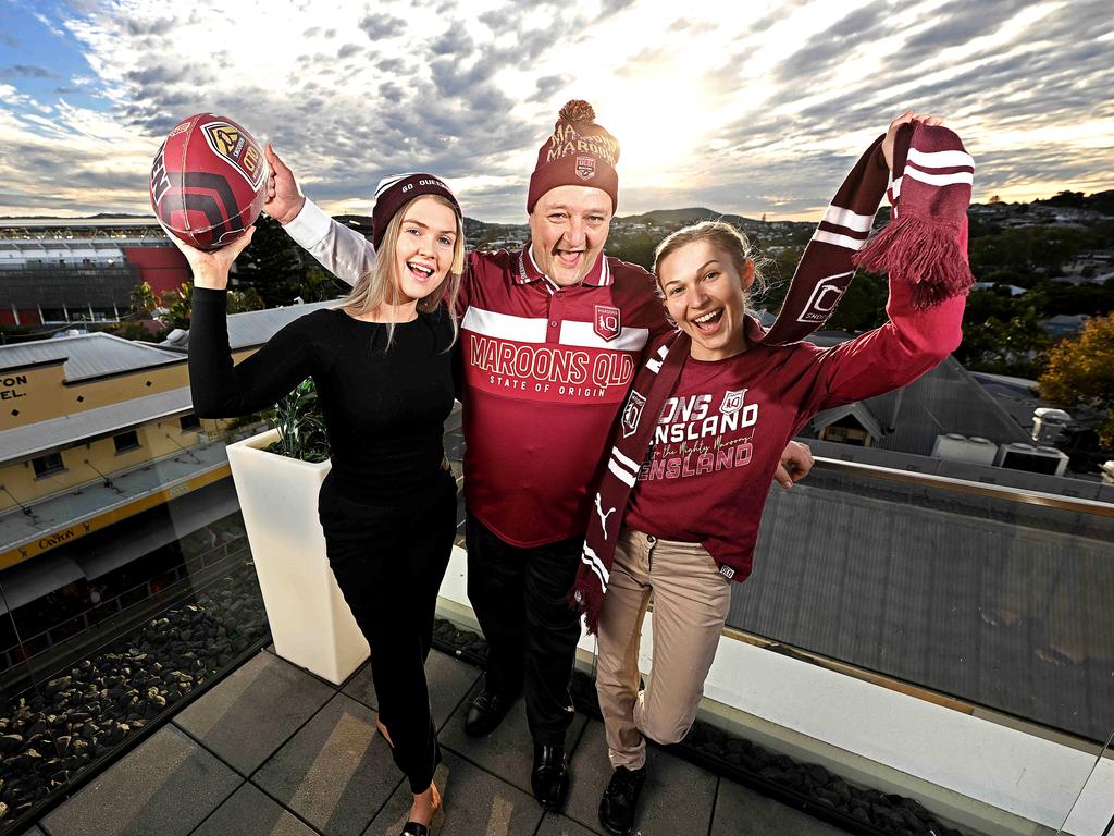 Gambaros staff Krystina Parker, James Tett and Kristen Alexander prepare for the State of Origin onslaught. Picture: Lyndon Mechielsen/Courier Mail