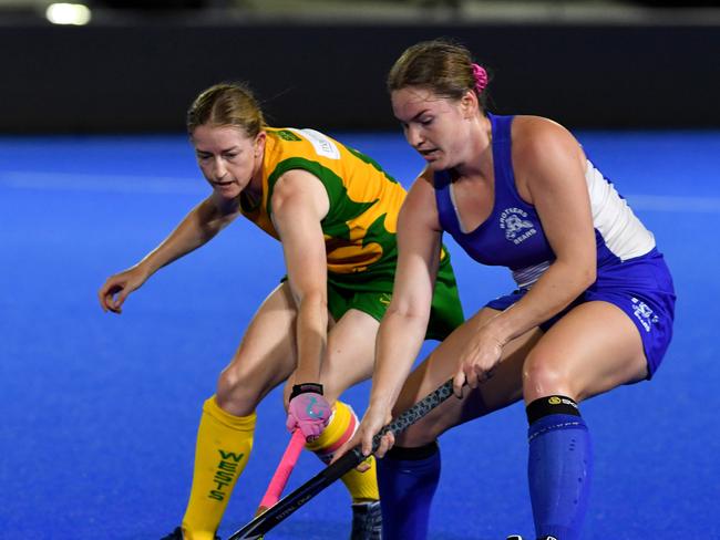 Women's A grade hockey grand final between Brothers and Wests at Waterhole. Wests captain Emma MCCullouch and Brothers Alice Phillips. Picture: Evan Morgan