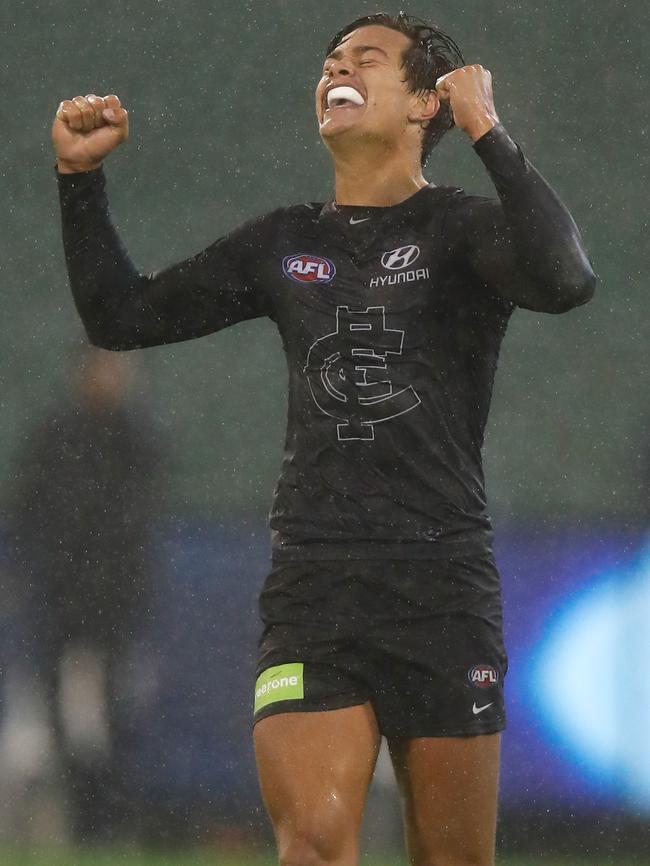 Jack Silvagni celebrates Carlton’s win.