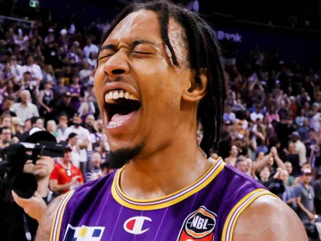 SYDNEY, AUSTRALIA - MAY 01: Jaylen Adams of the Kings celebrates with team mates after their win game two of the NBL Semi Final series between Sydney Kings and Illawarra Hawks at Qudos Bank Arena on May 01, 2022 in Sydney, Australia. (Photo by Jenny Evans/Getty Images)