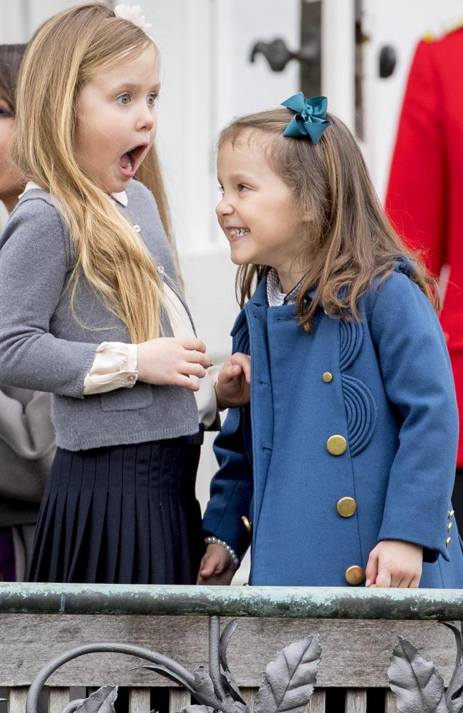 Princess Josephine with her cousin, Princess Athena, play during the 77th birthday celebrations of Queen Margrethe. Picture: Patrick van Katwijk/Getty Images