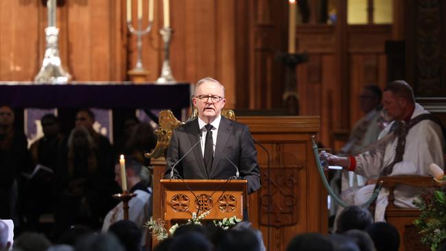 Prime Minister Anthony Albanese delivers a eulogy for Dr Lowitja O’Donoghue. Picture: NCA NewsWire / David Mariuz