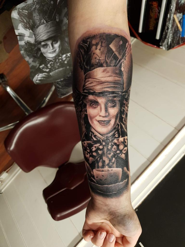 17/07/2019 - Johnny Depp as Mad Hatter, by Alan Morris of Ink Slave Tattoos for Hayden Gilmore on his 18th birthday, first tattoo. Alan smashed this tattoo - amazing talent. Picture: ALAN MORRIS