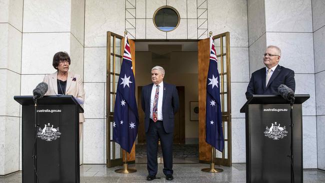 Pat Turner, left, Ken Wyatt and Scott Morrison release the National Agreement on Closing the Gap in Parliament House in Canberra on Thursday. Picture: Gary Ramage