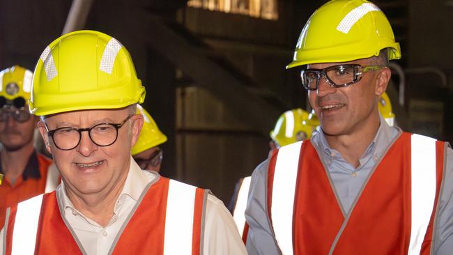 Prime Minister Anthony Albanese and Premier Peter Malinauskas at the Whyalla steelworks on February 20. Picture: NewsWire / Tim Joy