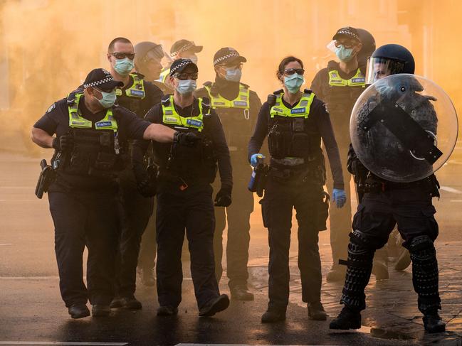 A heavy police presence on Elizabeth St on Monday. Picture: Getty Images