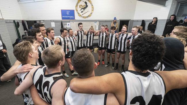 Outer East Premier Division fooball: Narre Warren v UpweyTecoma. Narre Warren players celebrate their win.  Picture: Valeriu Campan