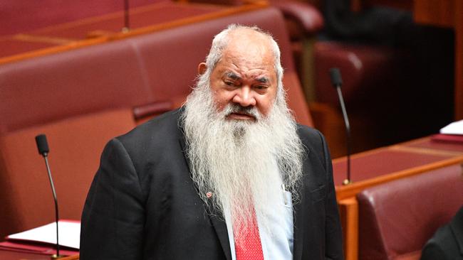 Labor senator Pat Dodson reacts to Senator Fraser Anning’s first speech in the Senate chamber. Picture: AAP Image/Mick Tsikas