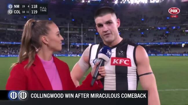 Collingwood star gets emotional after win in milestone game