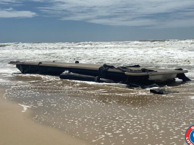 Surf Life Saving Queensland lifeguards found this pontoon on Peregian Beach this morning. Picture: SLSQ