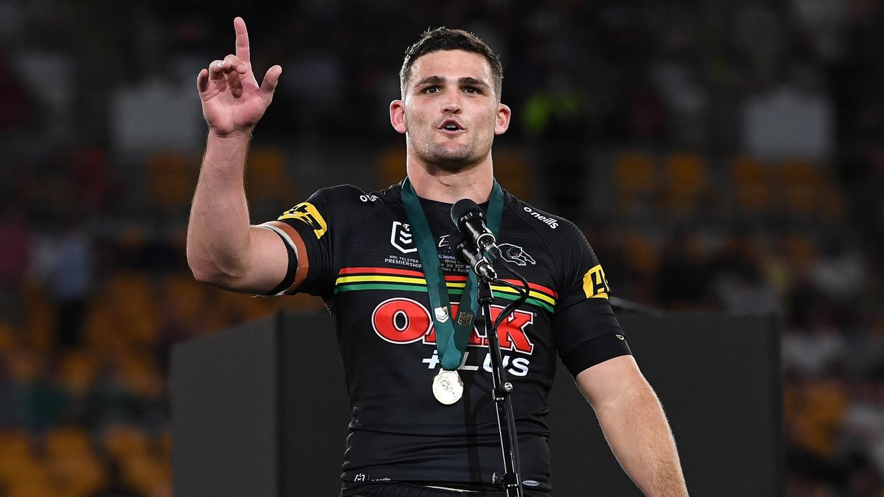 BRISBANE, AUSTRALIA - OCTOBER 03: Nathan Cleary of the Panthers is awarded the Clive Churchill Medal after the 2021 NRL Grand Final match between the Penrith Panthers and the South Sydney Rabbitohs at Suncorp Stadium on October 03, 2021, in Brisbane, Australia. (Photo by Bradley Kanaris/Getty Images)