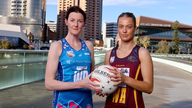 7, August, 2023:  The 2023 Netball SA Premier League and Reserves grand finals will be played out this Saturday. Contact premier league - Kate Walsh with Matrixs Premier league - Georgia Dent ready for the Grand Finals. Picture: Kelly Barnes