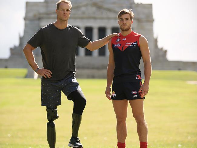 Sapper Curtis McGrath and Jack Viney at the Shrine of Rememberance. Picture: Wayne Ludbey