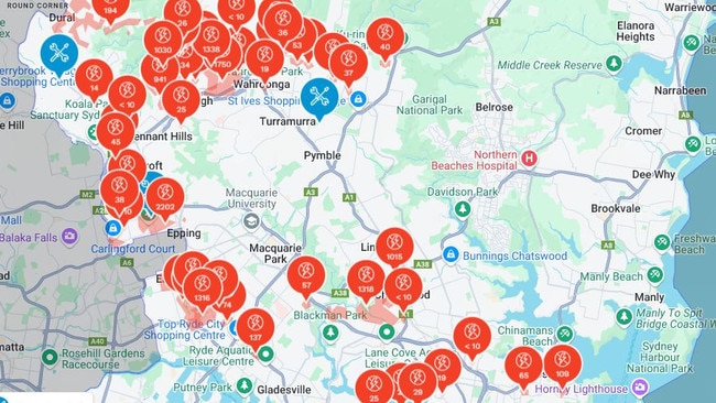 Power outages across northern Sydney as of 545am. Picture: Ausgrid