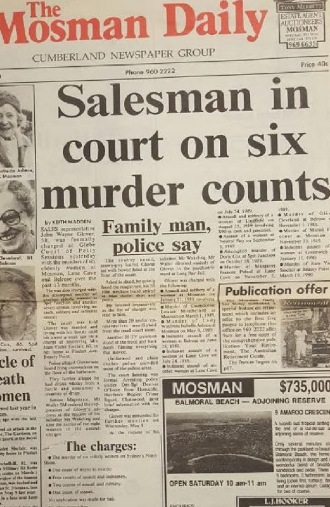 The <i>Mosman Daily's</i> coverage of Glover’s first court appearance over the six murders.