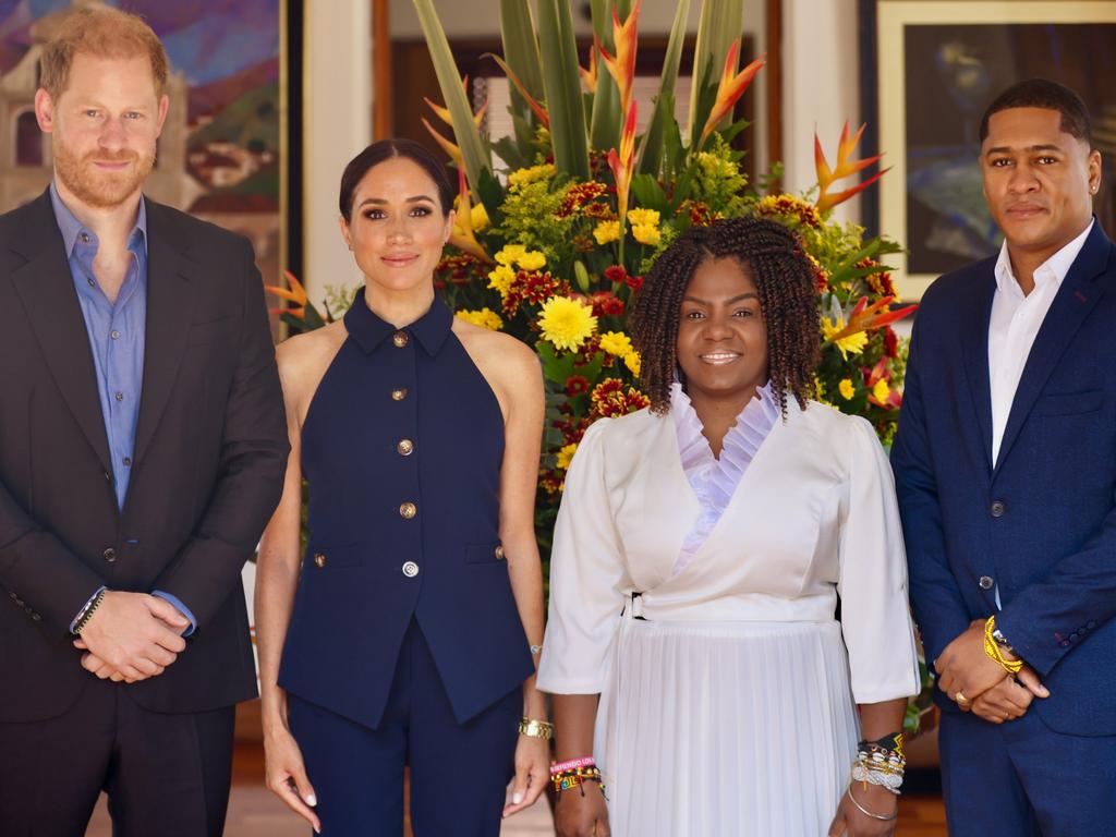 Prince Harry, Meghan, Duchess of Sussex were welcomed to Colombia by Vice President Francia Maquez and her husband Yerney Pinillo. Picture: Colombian Vice President's Office via Getty Images