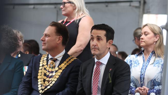 Premier David Chrisafulli with Lord Mayor Adrian Schrinner at the Anzac Day Parade. Pic: Annette Dew