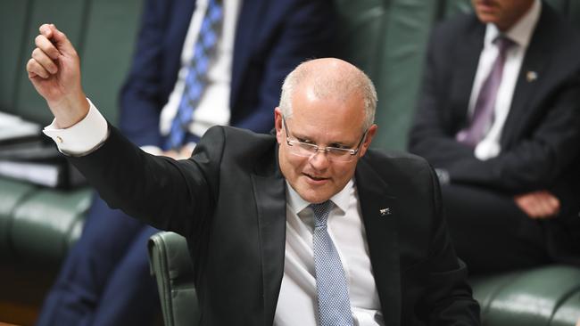 In an odd moment during Question Time, Prime Minister Scott Morrison made a Borat impersonation following Labor’s Budget attacks. Picture: Lukas Coch