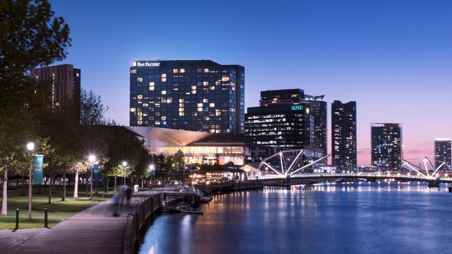 Pan Pacific Melbourne is located on the water’s edge at South Wharf. Picture: Adam Bruzzone