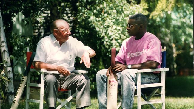 The late cricket legend Sir Donald Bradman with West Indies cricketer Richie Richardson chatting in the garden of Sir Donald's Kensington Park home in December, 1992.