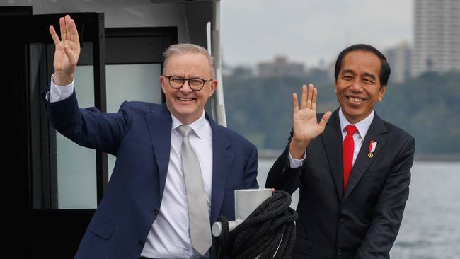 Anthony Albanese and Joko Widodo on a boat trip on Sydney Harbour. Picture: NCA NewsWire / David Swift