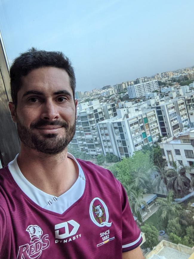 Ben Cutting in his Ahmedabad hotel room.