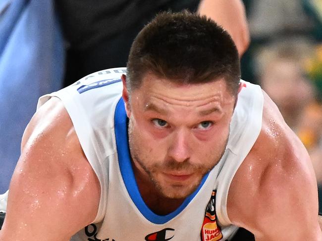 HOBART, AUSTRALIA - MARCH 28: Matthew Dellavedova of United reacts during game four of the NBL Championship Grand Final Series between Tasmania Jackjumpers and Melbourne United at MyState Bank Arena, on March 28, 2024, in Hobart, Australia. (Photo by Steve Bell/Getty Images)