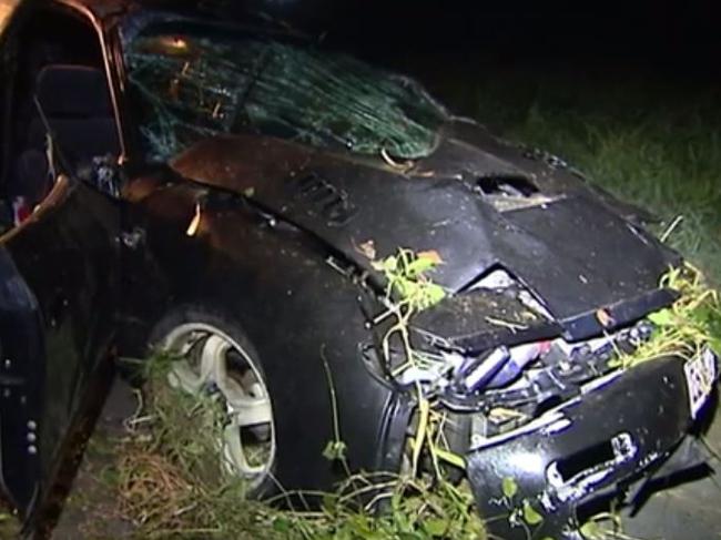 The car a man was allegedly driving when he fled police at Tallebudgera. Photo: Channel 7 News.