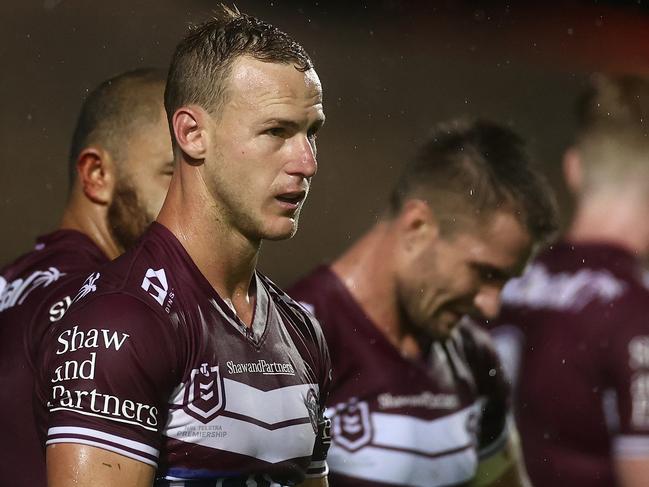 SYDNEY, AUSTRALIA - MARCH 20: Daly Cherry-Evans of the Sea Eagles looks dejected after a Rabbitohs try during the round two NRL match between the Manly Sea Eagles and the South Sydney Rabbitohs at Lottoland, on March 20, 2021, in Sydney, Australia. (Photo by Cameron Spencer/Getty Images)