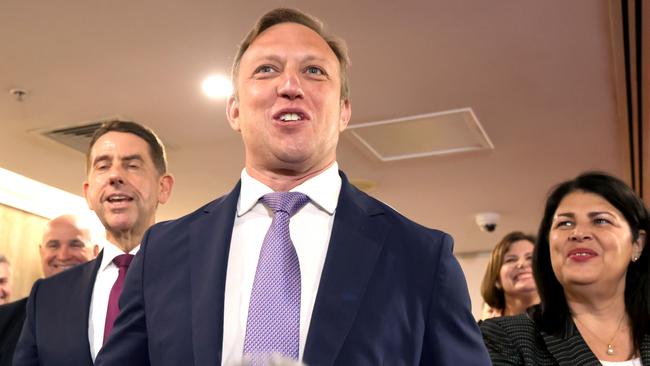 Premier Steven Miles flanked by Treasurer Cameron Dick and Education Minister Grace Grace. Picture: Steve Pohlner