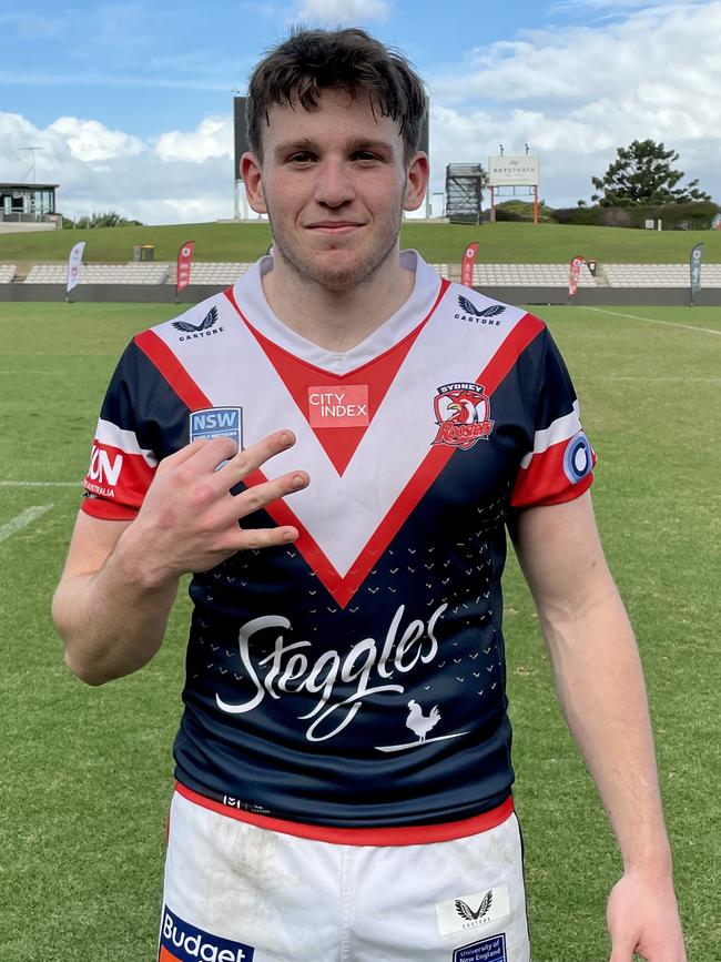 Sydney Roosters SG Ball centre Cooper Toy after scoring a hattrick in his sideâs 54-6 win over St George Dragons at Netstrata Jubilee Stadium. Saturday, April 9, 2022. Picture: Dylan Arvela