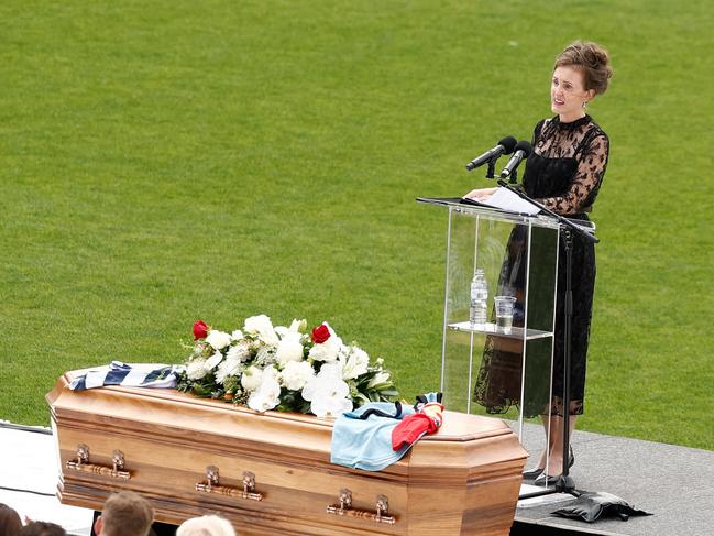 Rebecca Cody, Principal of Geelong Grammar speaking at Troy Selwood's funeral. Picture: Michael Willson/AFL Photos via Getty Images