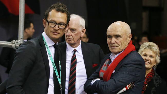 Essendon CEO Xavier Campbell, new president Paul Brasher and former president Paul Little. Picture: Michael Klein