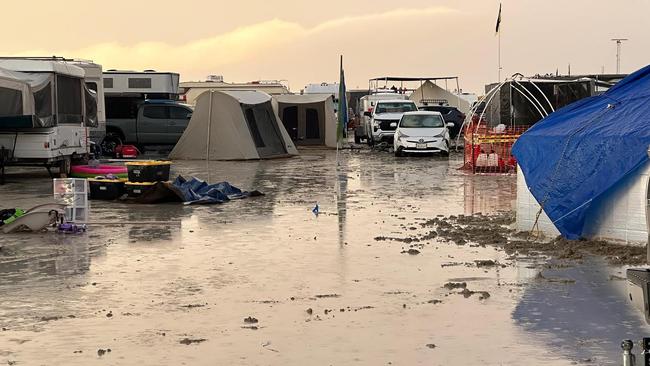 Revellers attending the 2023 Burning Man Festival in Nevada were told to conserve food and water with heavy rain causing flooding to the remote site. Picture: Facebook.