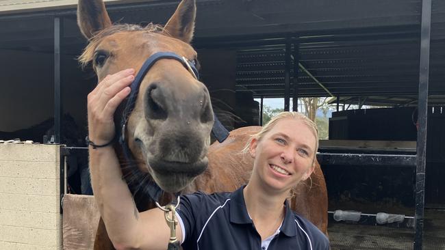 Queensland apprentice jockey Emily Pomfrett is back on the horse as she recovers from a brain injury sustained in a shocking incident earlier this year. Picture: Ben Dorries,