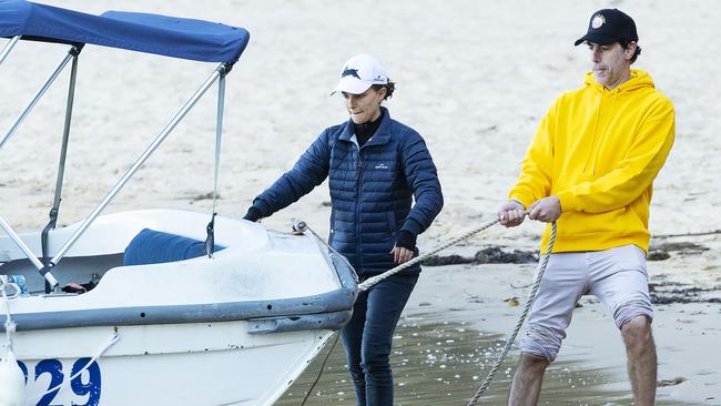 Celebrity buddies Natalie Portman and Sacha Baron Cohen head out on a boat trip on Sydney’s Pittwater. Picture: Matrix