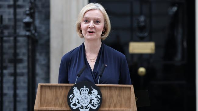 Liz Truss announces her resignation at Downing Street on Thursday night (AEDT). Picture: Getty Images