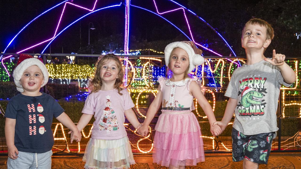 Enjoying Toowoomba's Christmas Wonderland are (from left) Atticus Allen, Aria Templeman, Aubrey Allen and Tane Templeman at the annual Christmas lights display in Queens Park, Saturday, December 2, 2023. Picture: Kevin Farmer