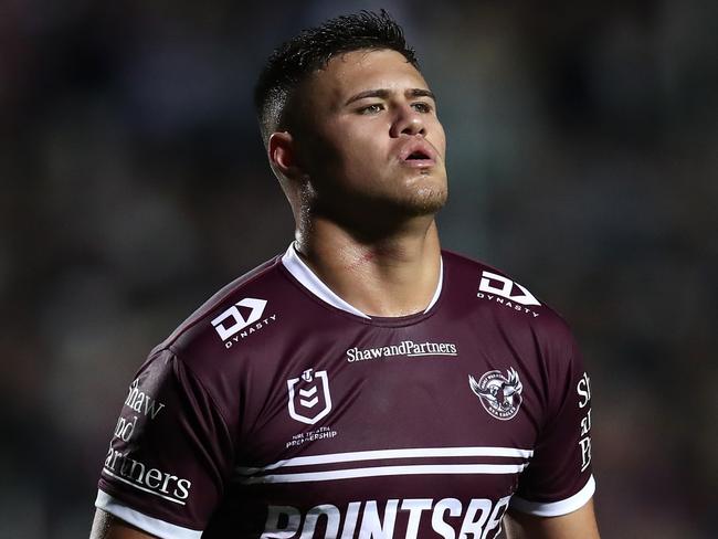 SYDNEY, AUSTRALIA - JUNE 09:  Josh Schuster of the Sea Eagles reacts during the round 15 NRL match between Manly Sea Eagles and Dolphins at 4 Pines Park on June 09, 2023 in Sydney, Australia. (Photo by Jason McCawley/Getty Images)