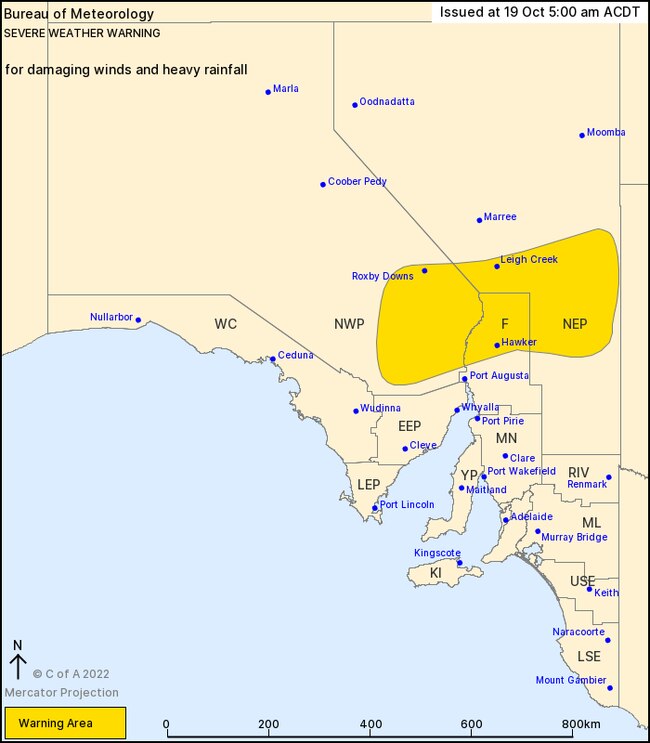 The Bureau of Meteorology has issued a severe weather warning for parts of Flinders, North West Pastoral and North East Pastoral districts October 22. Picture: Bureau of Meteorology