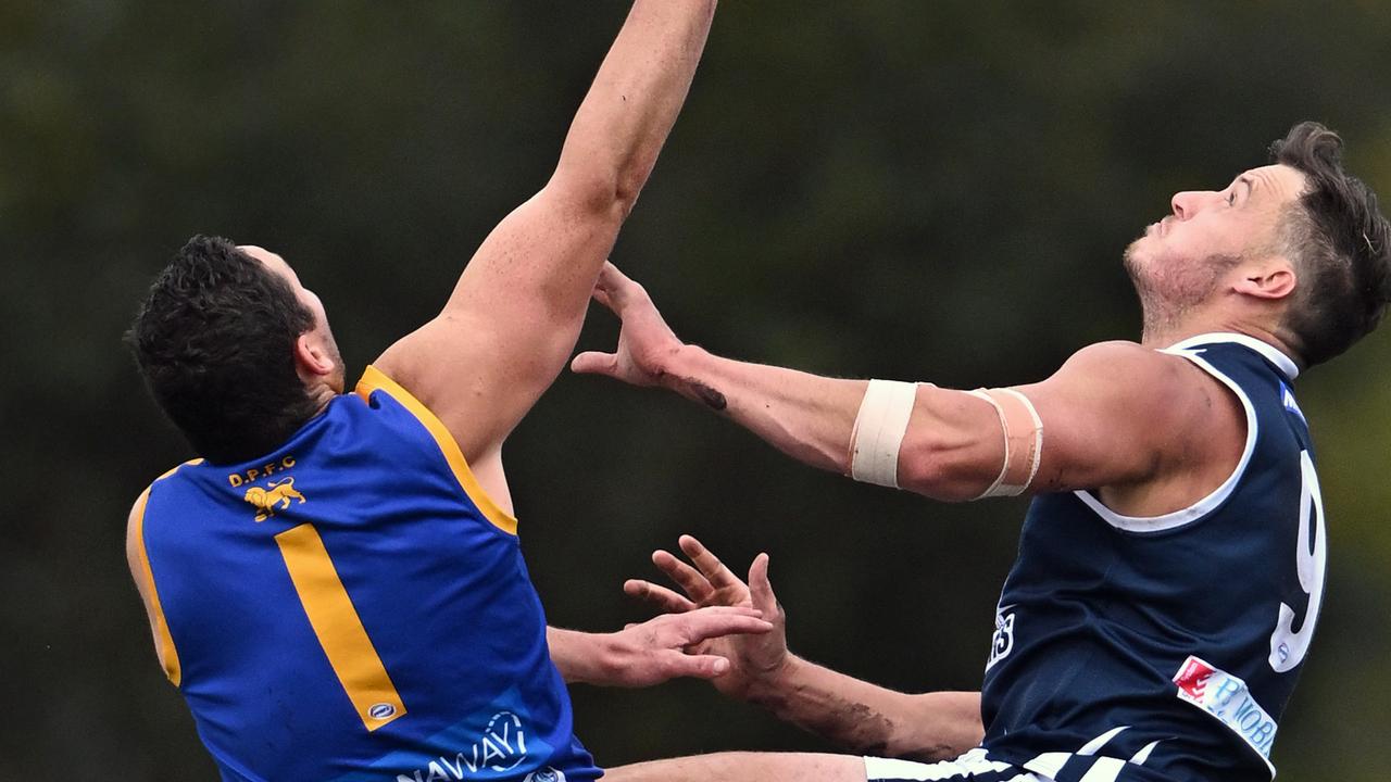 Deer Park’s Scott Greenhough, contesting against Hoppers Crossing’s Harley Armstrong-Weston, has joined Portarlington. Picture: Andy Brownbill