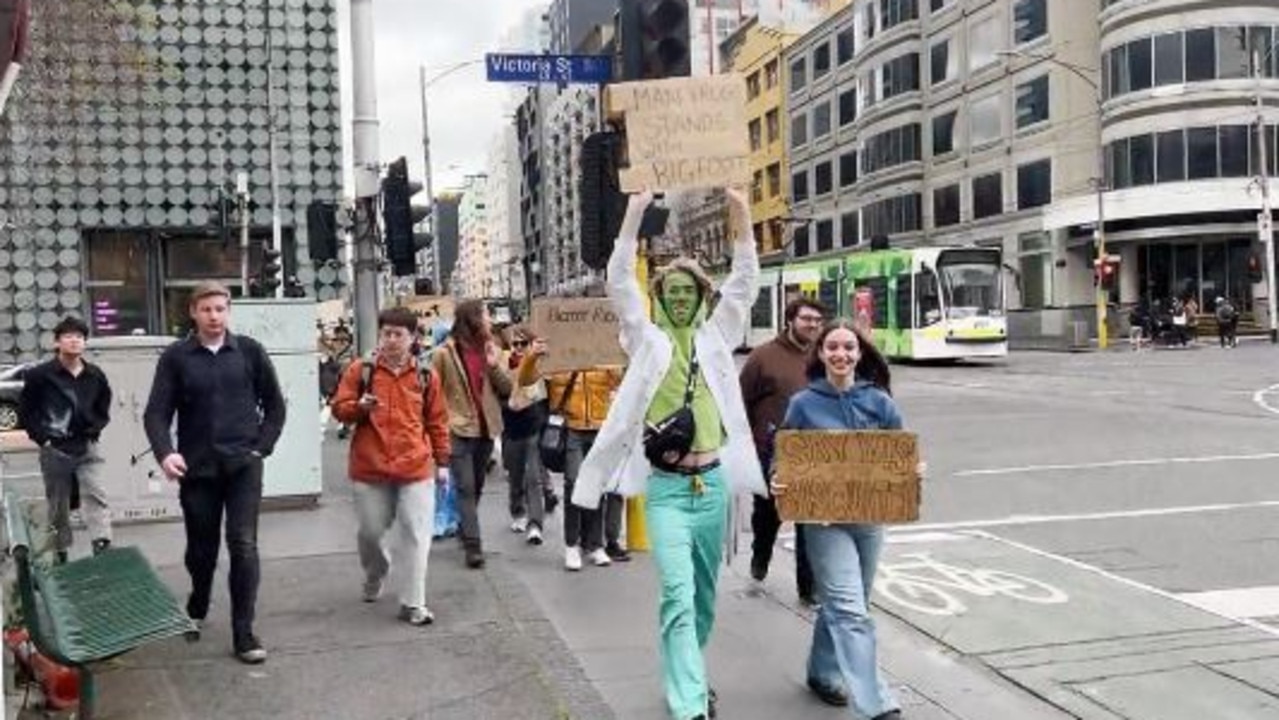 A group of protesters made for an odd scene on a busy Melbourne street. Picture: Reddit