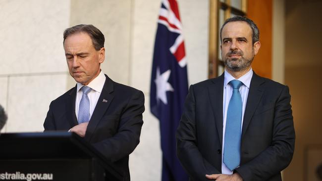 Greg Hunt Minister for Health and Dr Omar Khorshid, Australian Medical Association President during a press conference at Parliament House in Canberra. Picture: NCA NewsWire / Gary Ramage