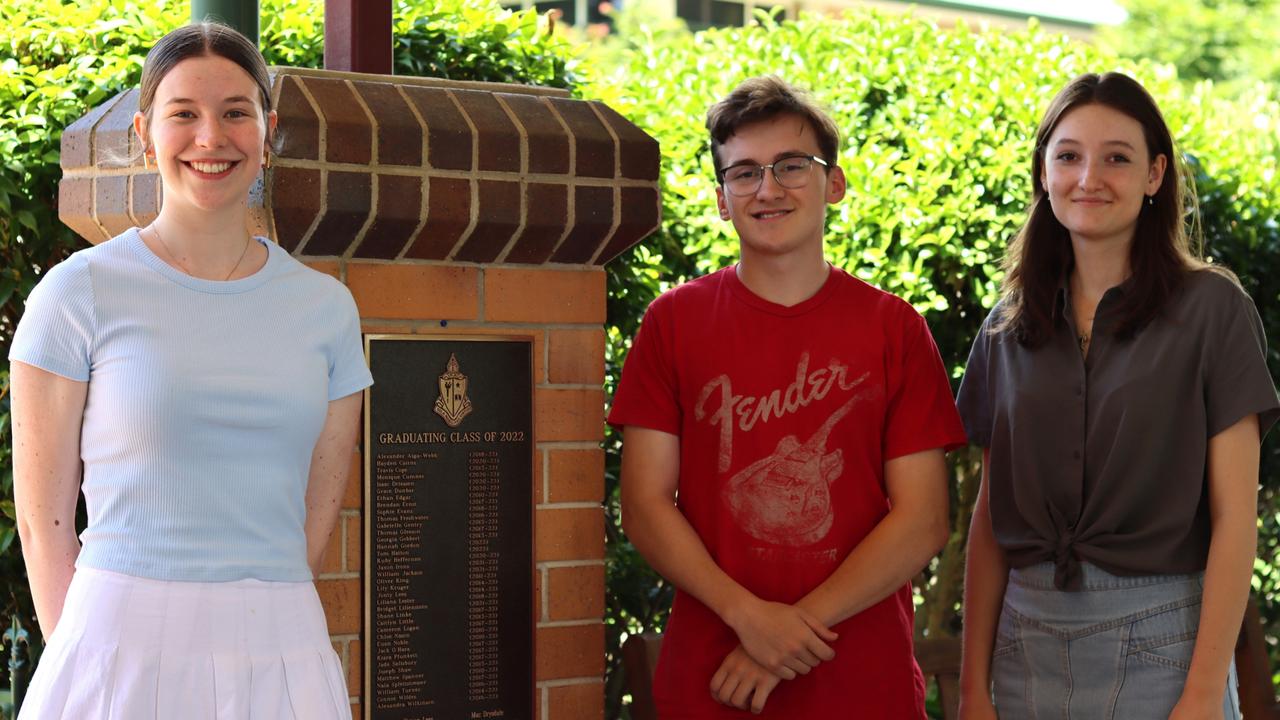 Toowoomba Anglican School 2022 graduates Liliana Lester, Oliver King and Nala Splettstoesser celebrated their amazing ATAR results on Friday morning. Friday, December 16, 2022. Picture: supplied