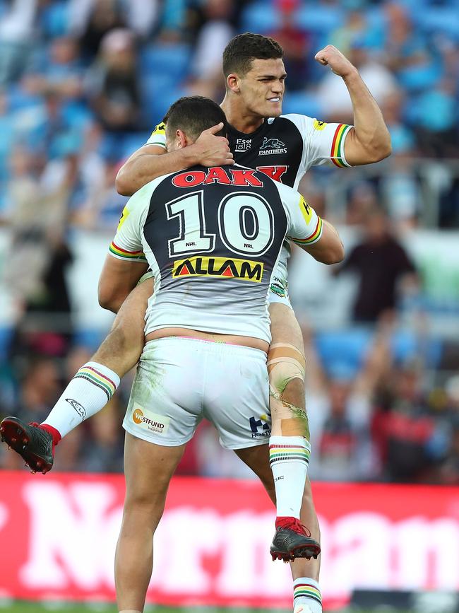 Nathan Cleary of the Panthers celebrates winning after a field goal during the round 22 NRL match between the Gold Coast Titans and the Penrith Panthers at Cbus Super Stadium on August 11, 2018 in Gold Coast, Australia. Picture: Chris Hyde/Getty Images