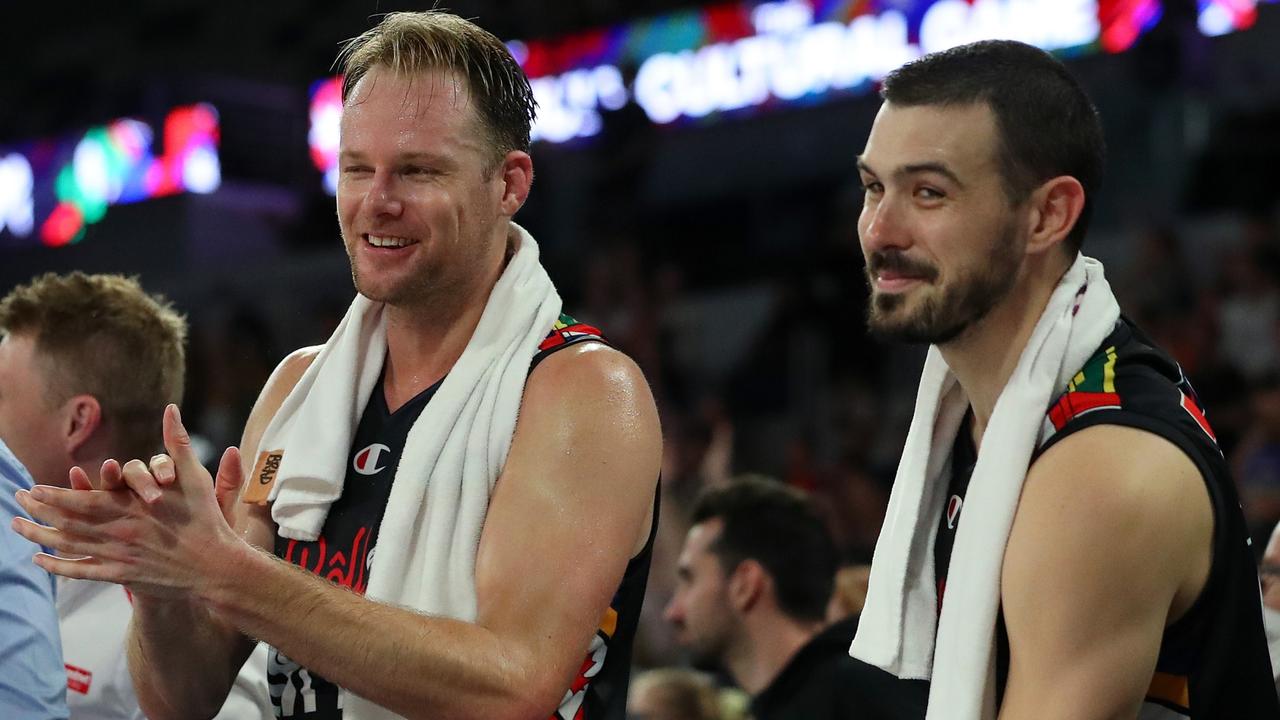 Brad Newley with Chris Goulding after United’s win over the Adelaide 36ers. Picture: Getty Images