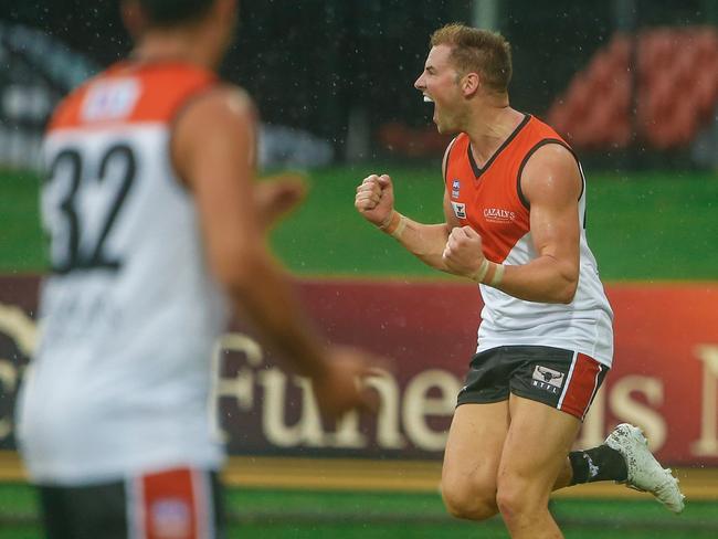 Brett Eddy after scoring the opening goal for the NT Buffaloes. Picture Glenn Campbell