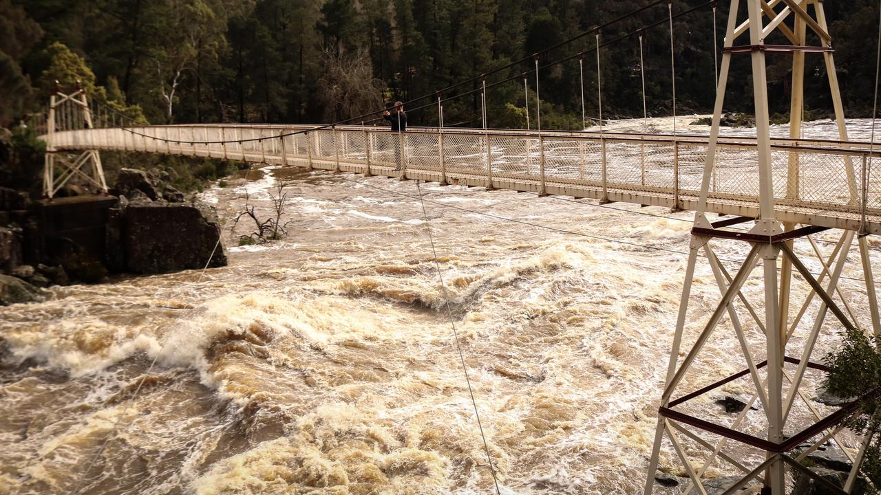 The Cataract Gorge in Launceston flooded following the wild weather on Sunday night in wild conditions that left many Tasmanians without power for days. Picture: Stephanie Dalton