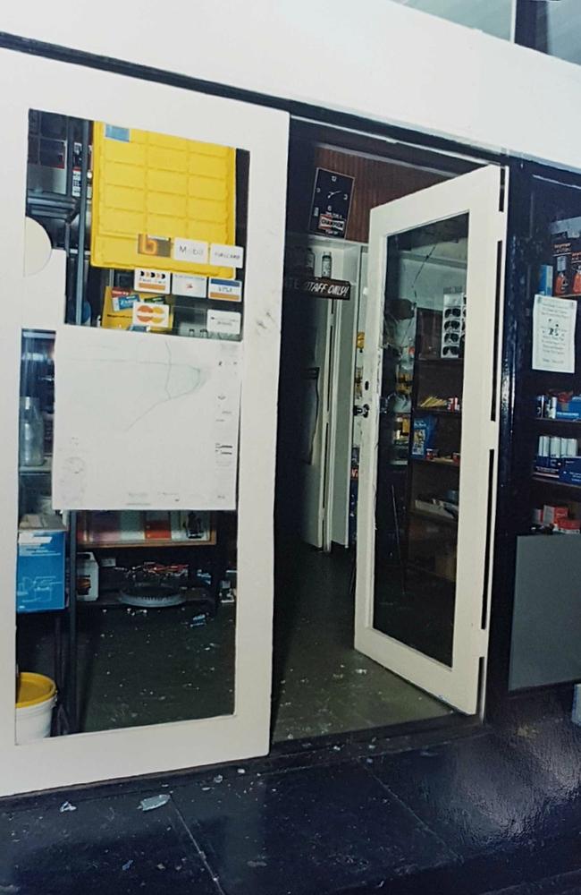 Service station owned by Whyalla murder victim Peter Seaford with smashed glass door on the night of murder. Picture: SA Police 